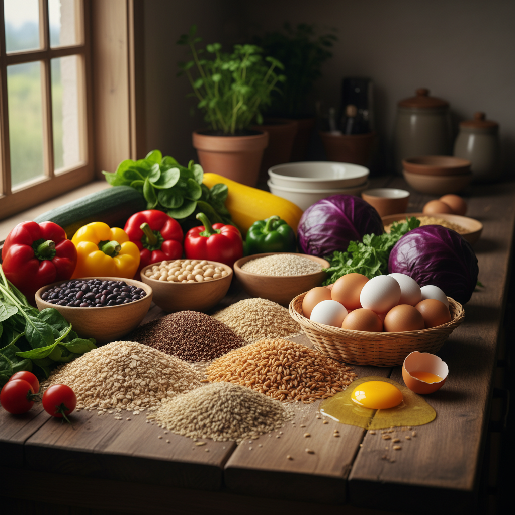 Colorful plant-based meal spread on a bright kitchen counter with fresh vegetables and fruits