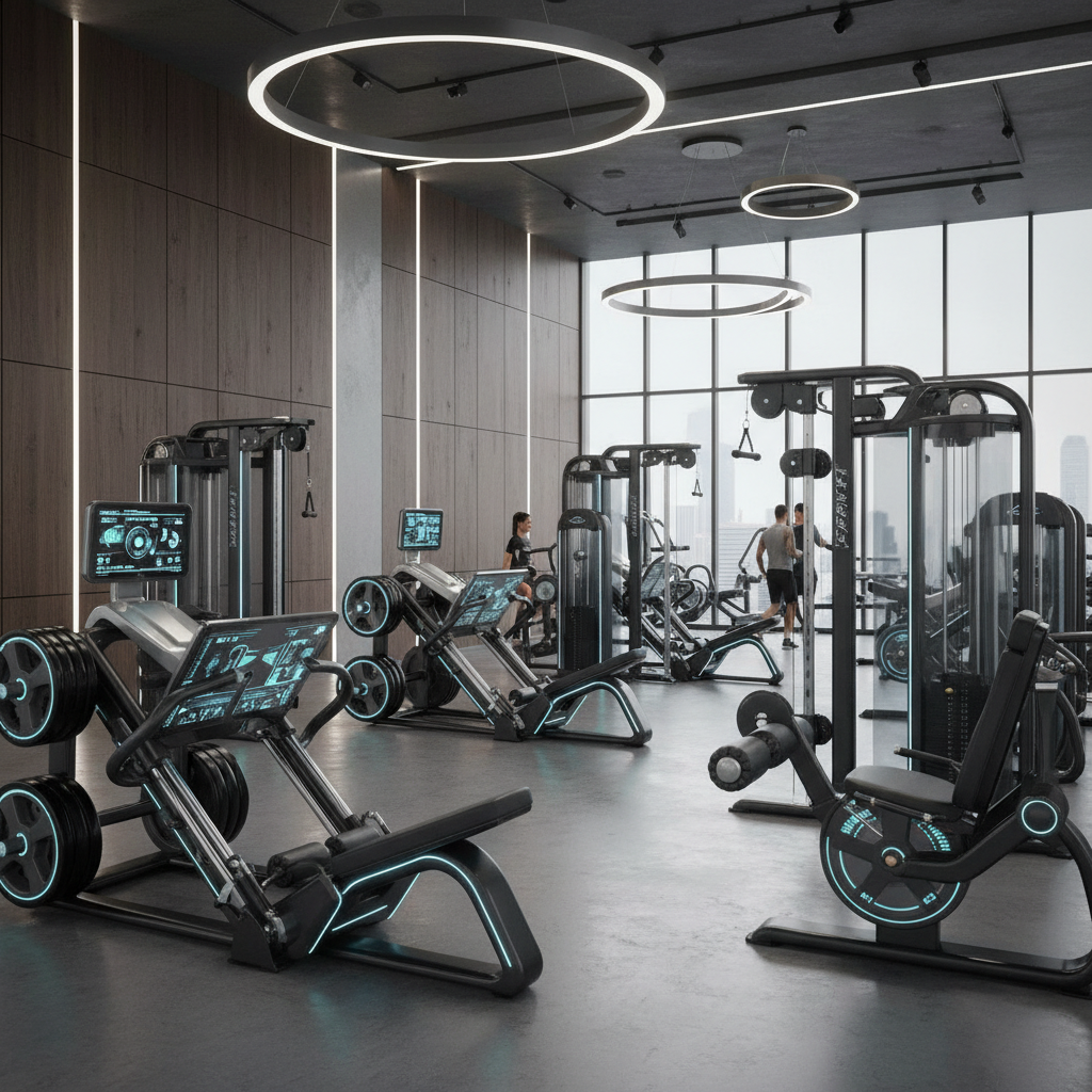 Modern luxury gym with equipment, warm lighting, dark walls, and premium finishes
