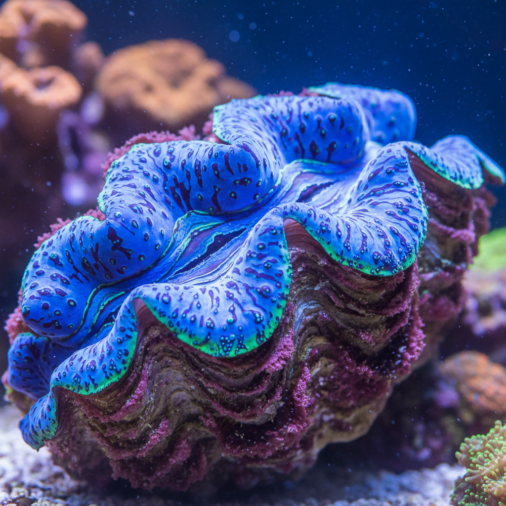 Ultra grade Tridacna maxima clam with vivid blue and purple mantle in reef aquarium