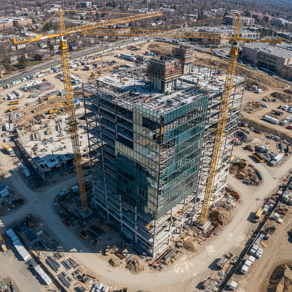 Aerial view of active commercial construction site with steel skeleton and curtain wall installation