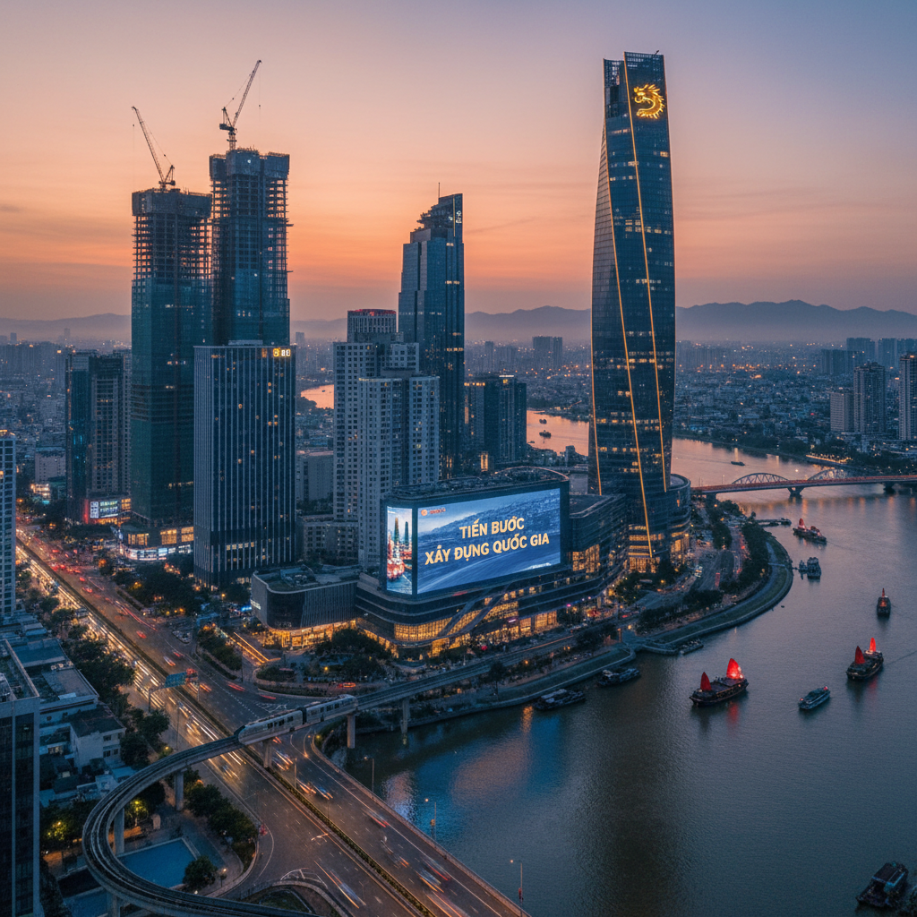 Aerial view of African city skyline at dusk with lights, urban development, wide city panorama