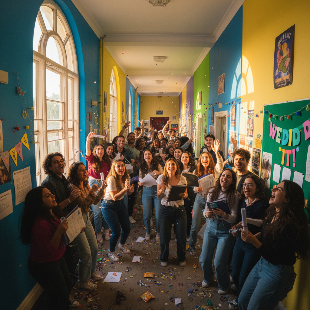 Students celebrating results in hostel corridor