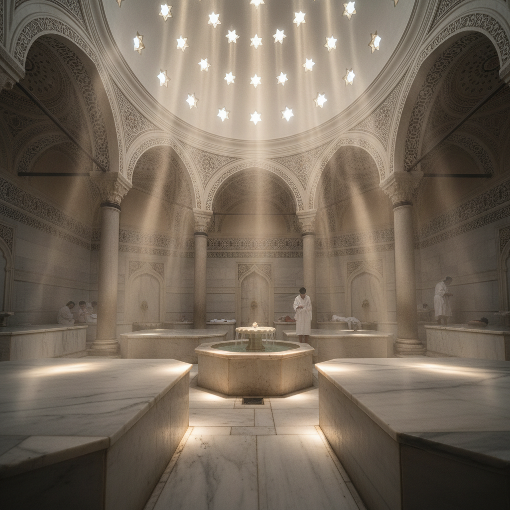 Steam-filled interior of a historic Istanbul hammam with marble slabs and rays of light filtering through star-shaped ceiling openings