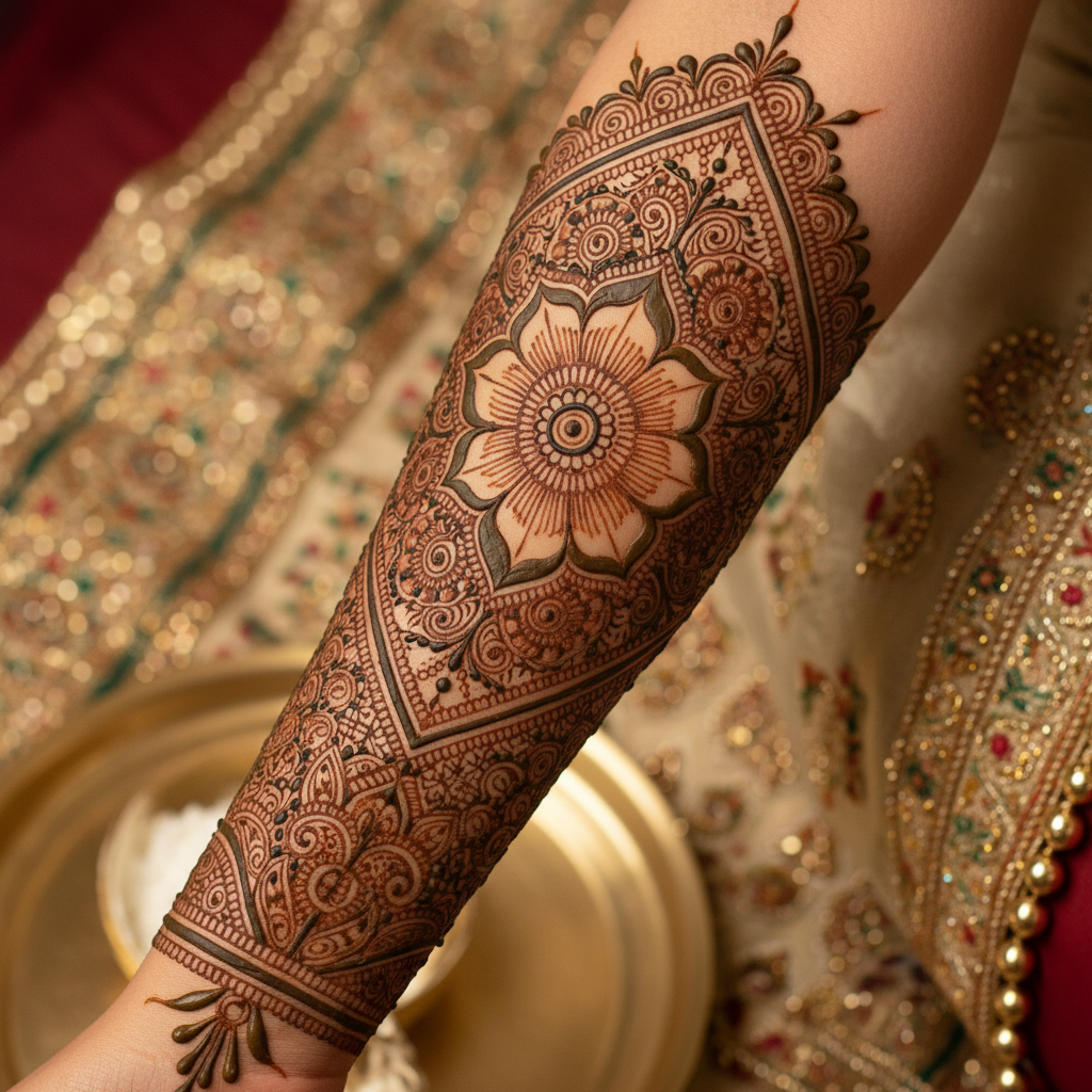 Indo-Arabic fusion mehndi design with geometric patterns