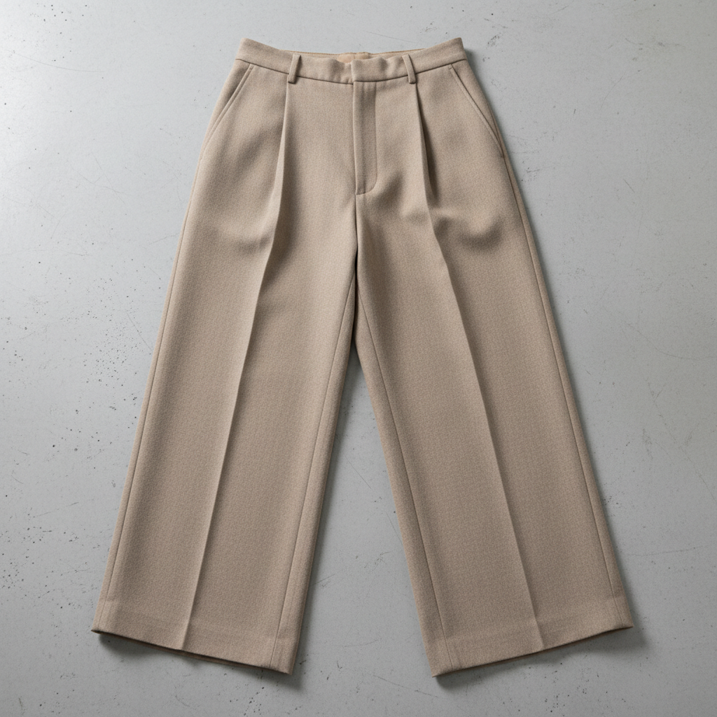 Beige wide leg trousers on neutral background, soft daylight, tailored fashion editorial style
