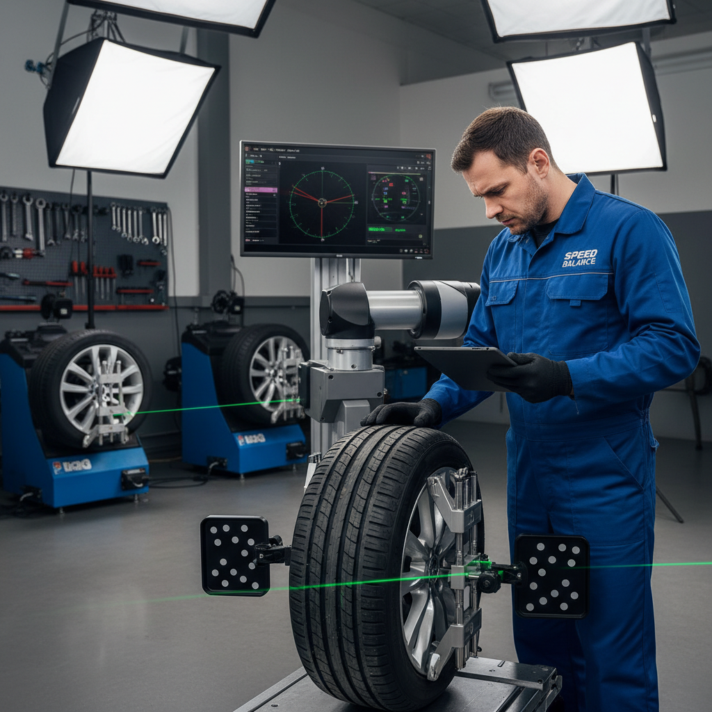 Wheel alignment machine attached to a car in a professional auto shop, dark garage floor