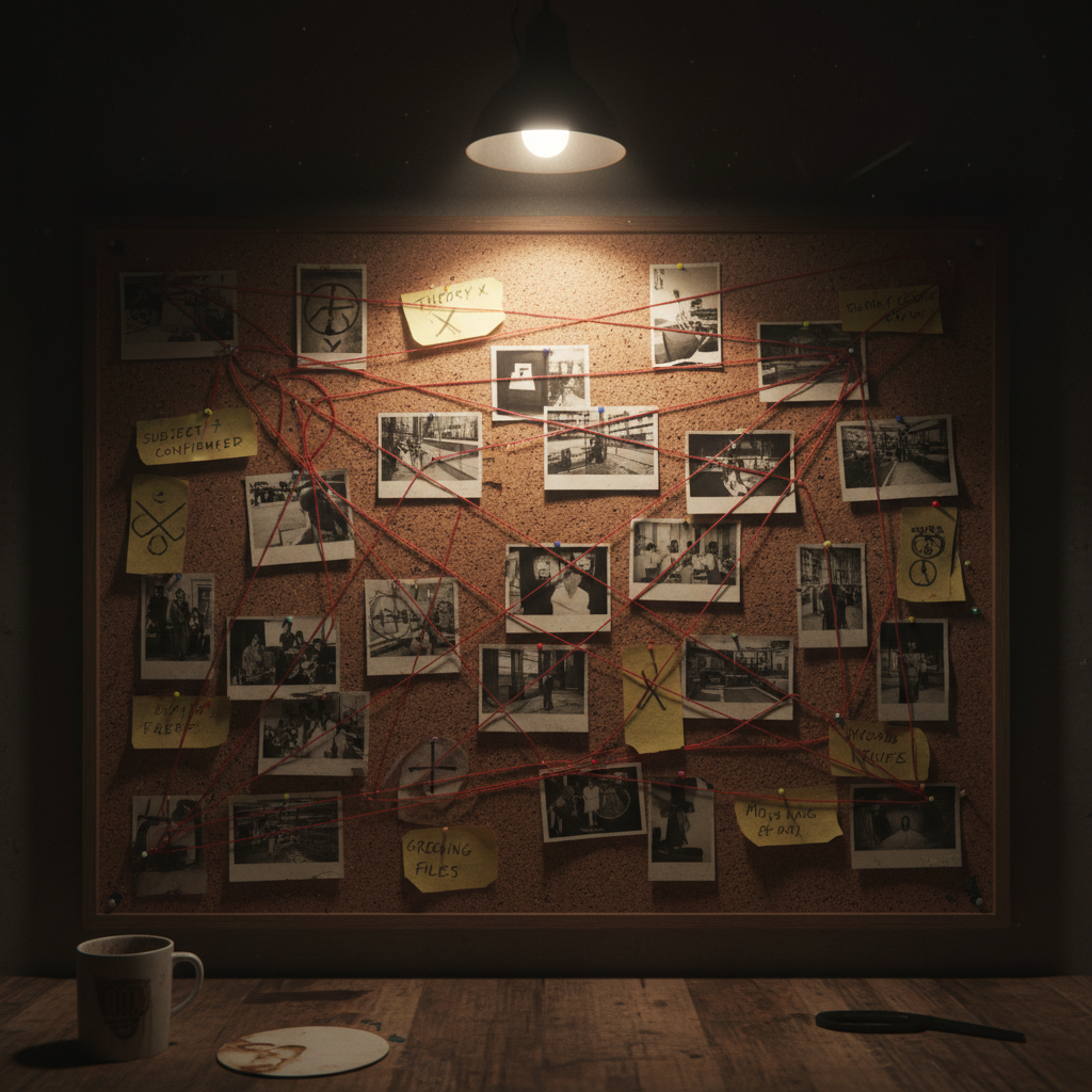 Corkboard with pinned photographs, red string connections, and handwritten notes in a dimly lit investigation room