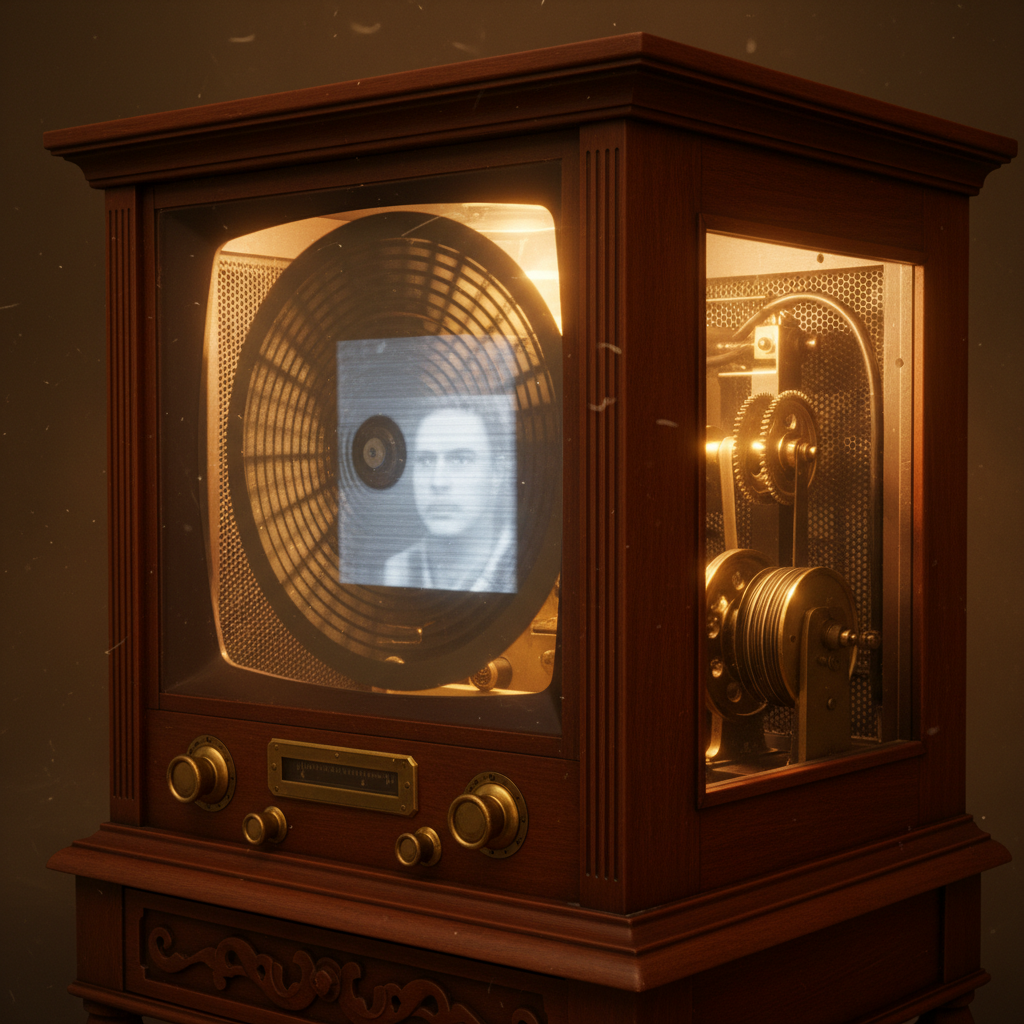 Vintage mechanical television system with wooden cabinet and spinning disk mechanism