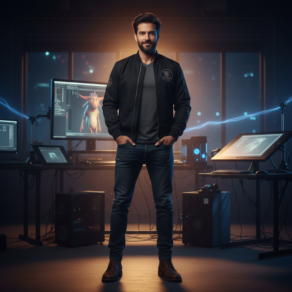 Daisuke Mori, Lead Animator, confident pose with subtle cinematic background lighting