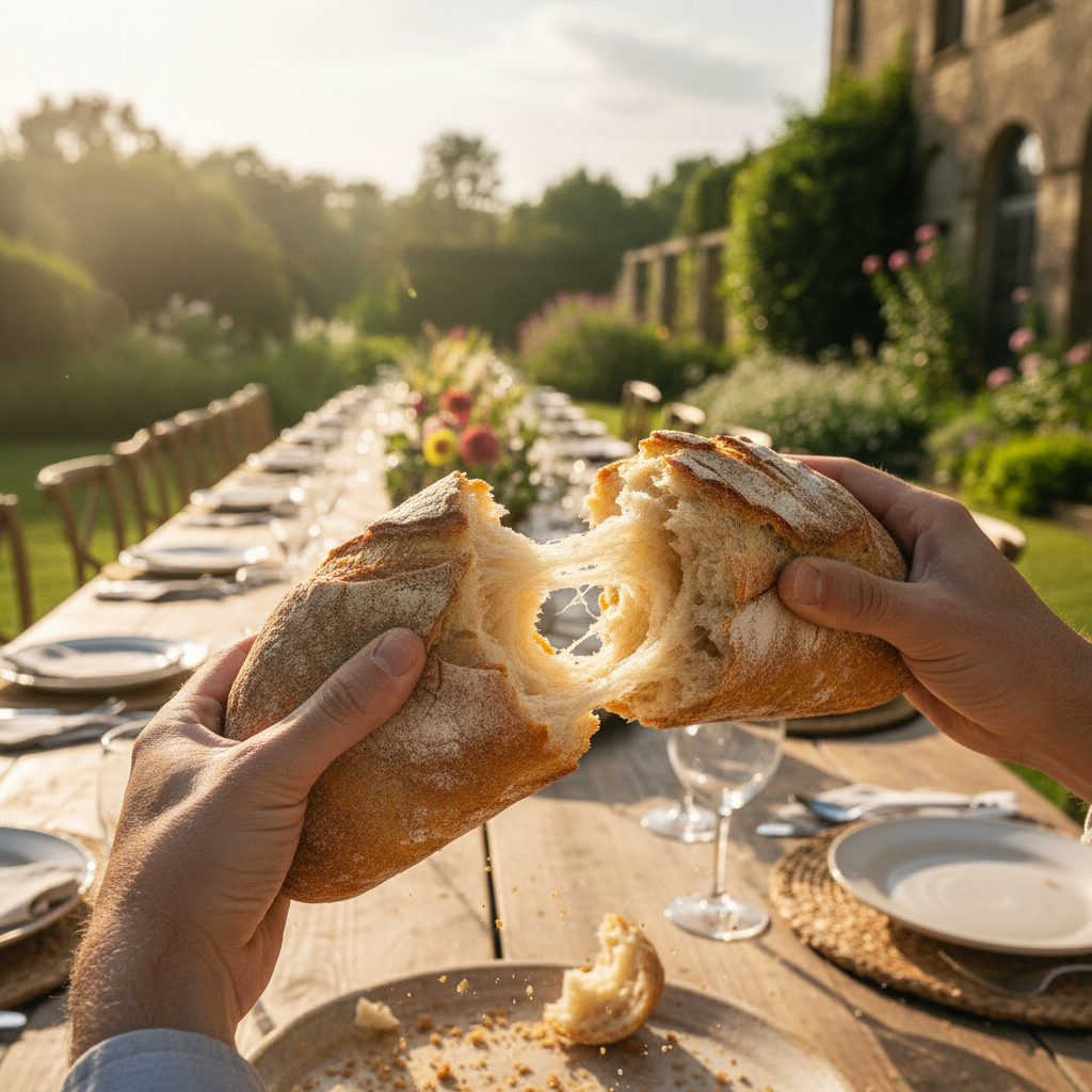 Hands breaking fresh bread at an outdoor estate dinner