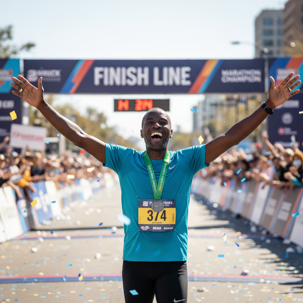 Black man in his early 40s at marathon finish line raising arms in triumph