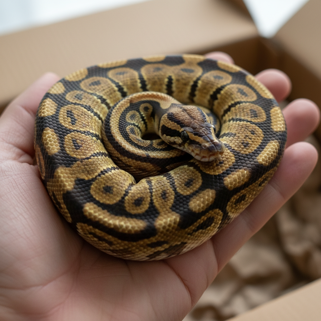 Healthy normal ball python from Maya's unboxing, coiled calmly on a hand