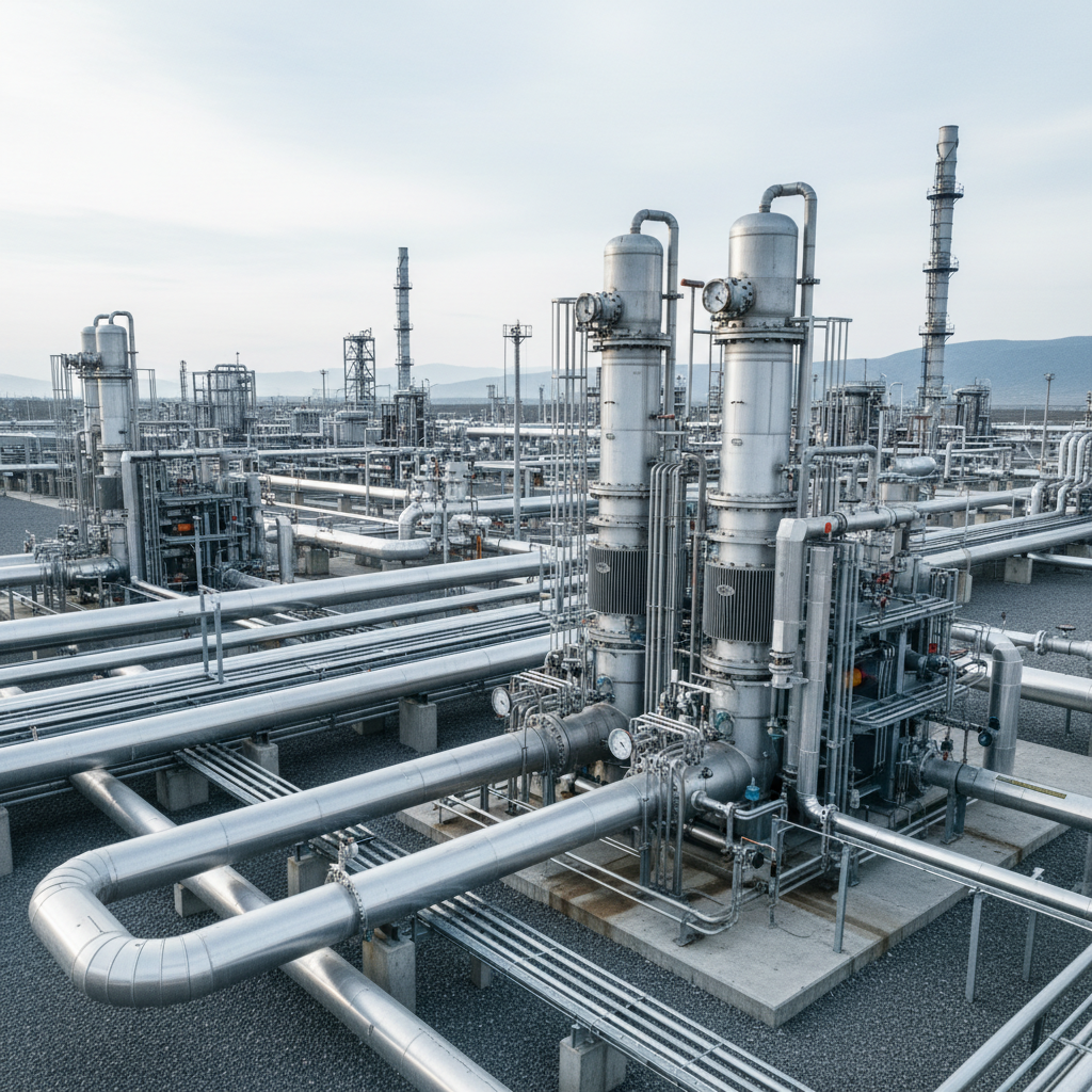 Gas processing plant, dark industrial pipes, low lighting, atmospheric industrial setting