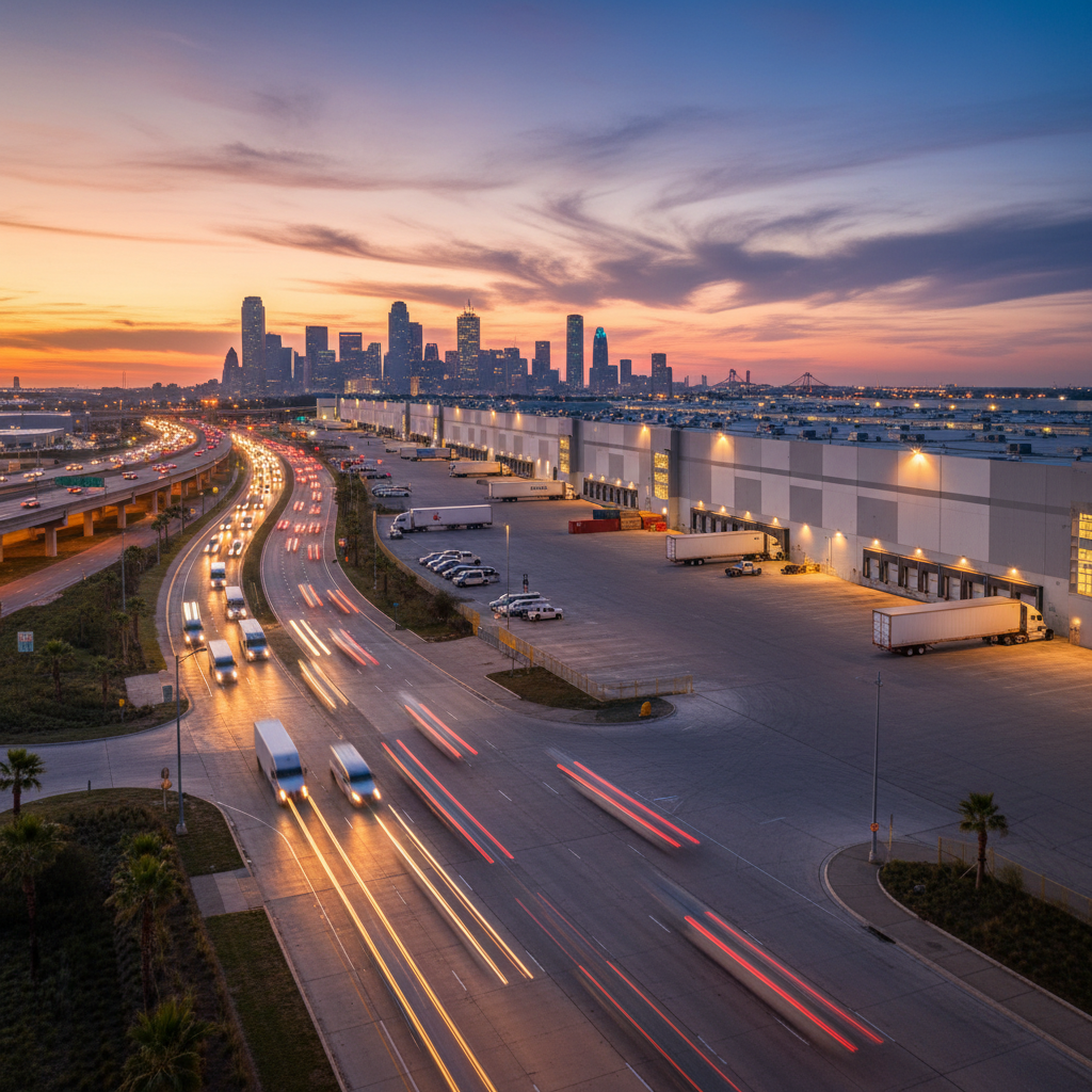 Aerial view of logistics hub and highway interchange at night, glowing lights, dark industrial setting