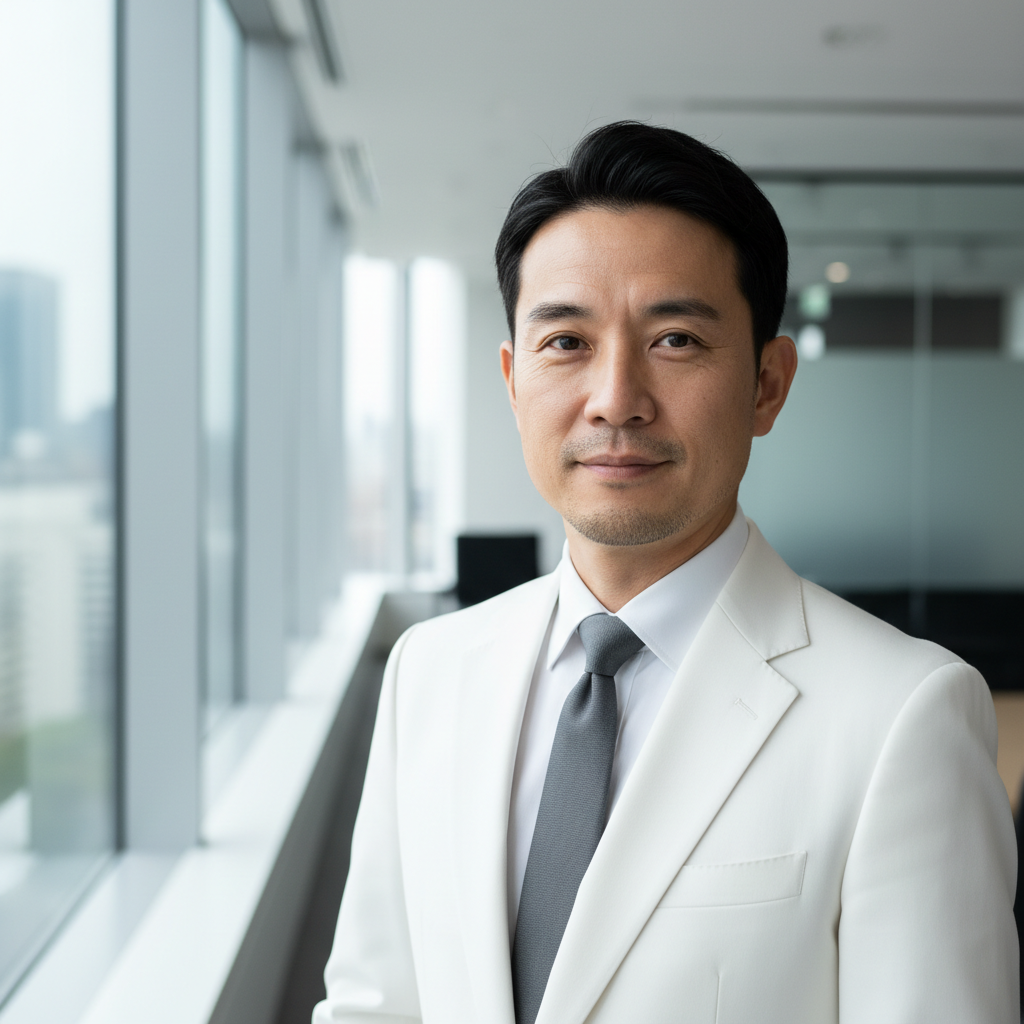 Portrait of an Asian man in his 40s wearing a dark blazer against a blurred laboratory background