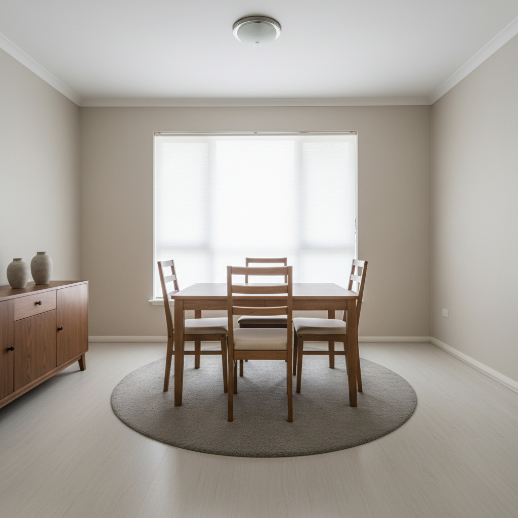 Plain dining room with mismatched furniture and no cohesive design