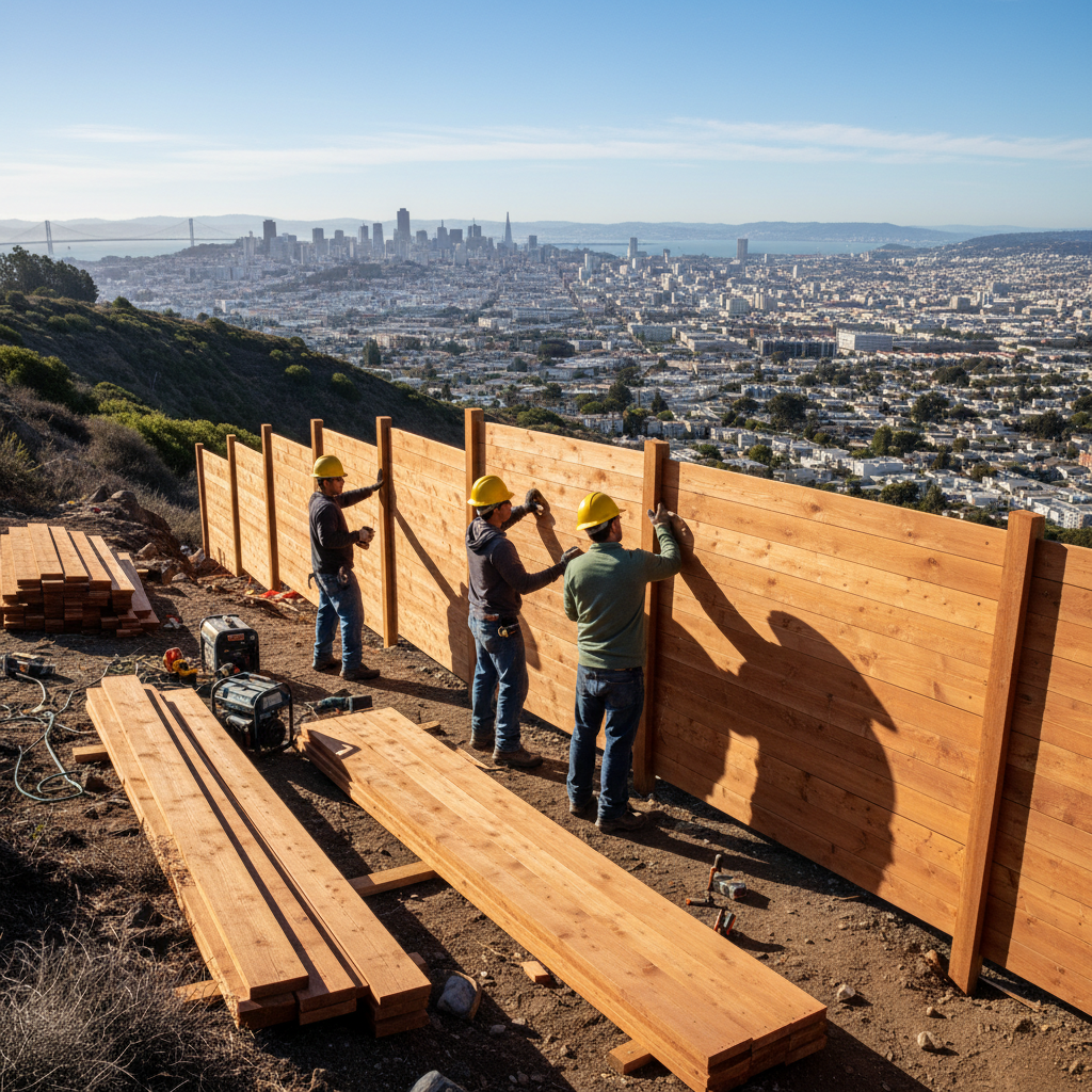 Setback crew installing cedar privacy fence on steep San Francisco hillside with city view behind