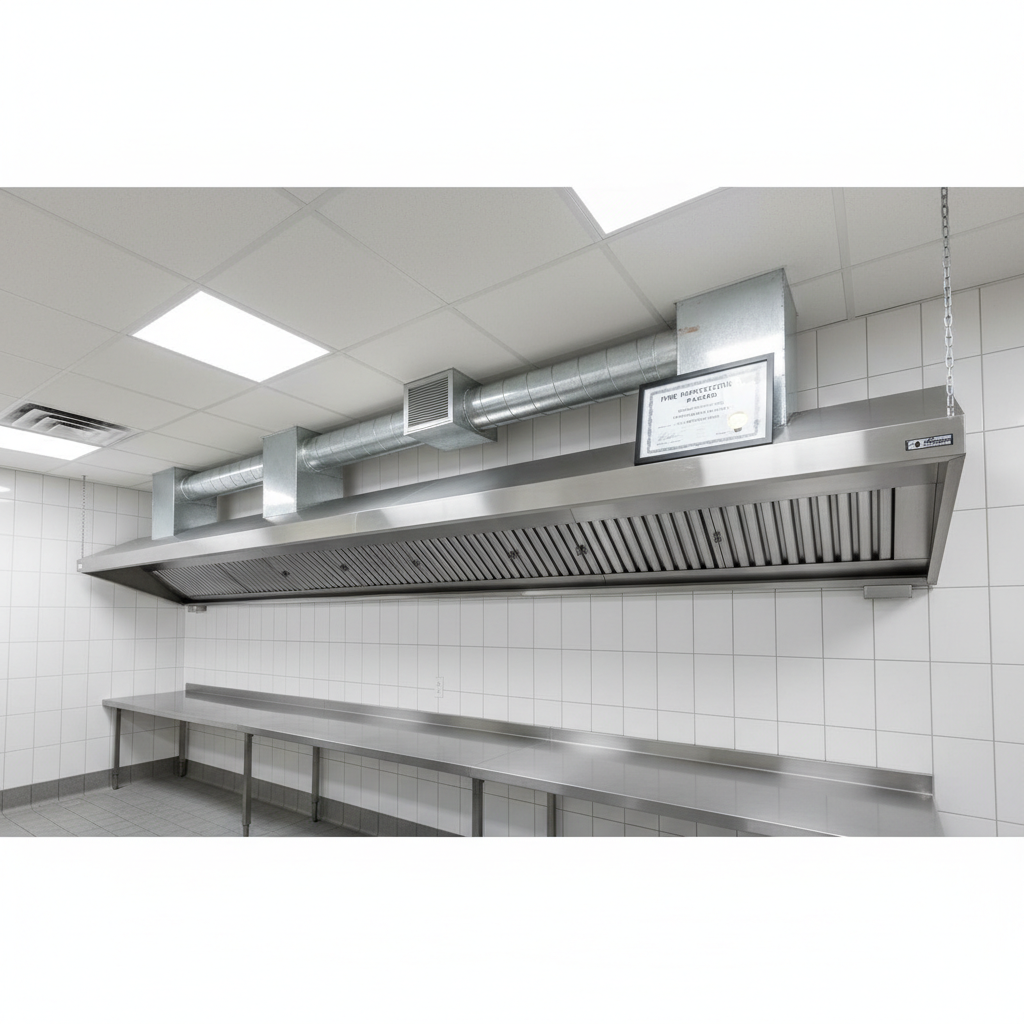 Completed franchise kitchen ventilation installation with fire inspection passed certificate on wall
