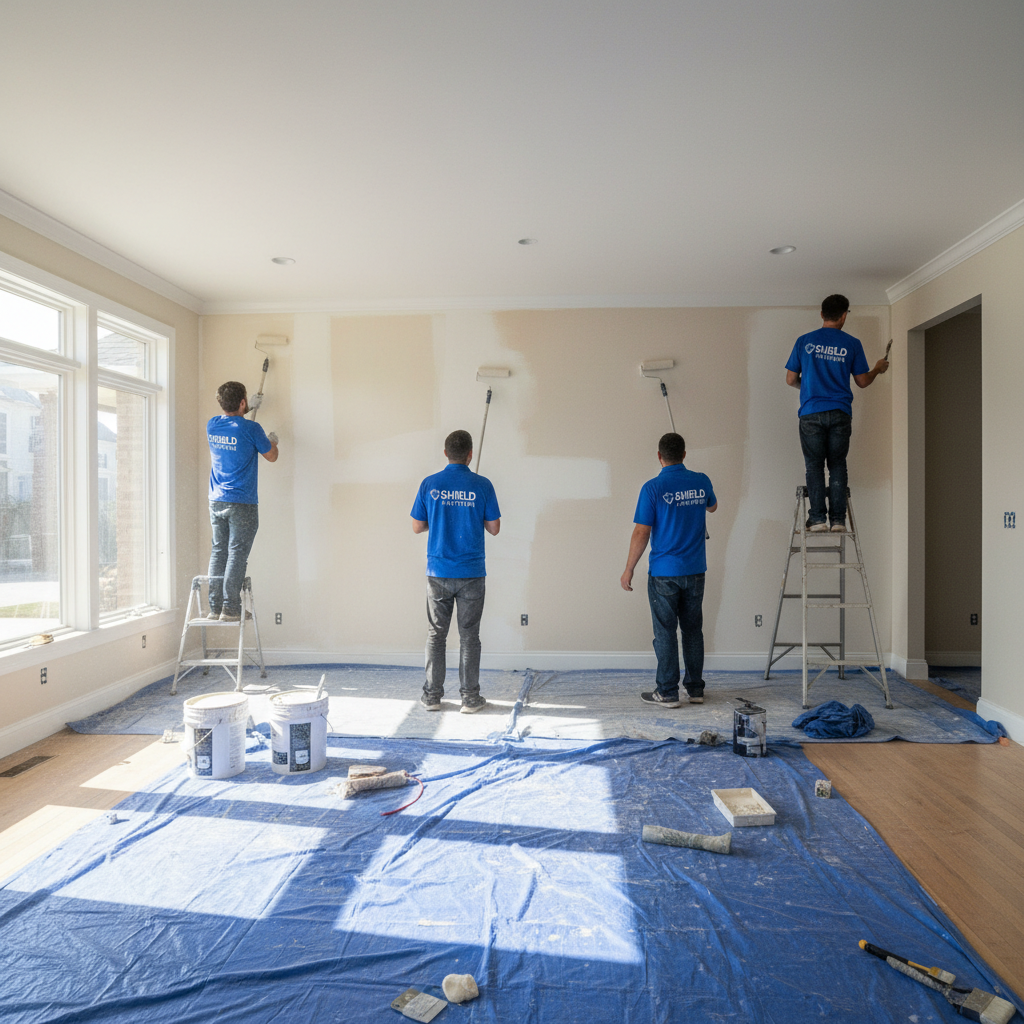 Shield crew working on interior of home, rollers in hand, branded polos, tarped floors