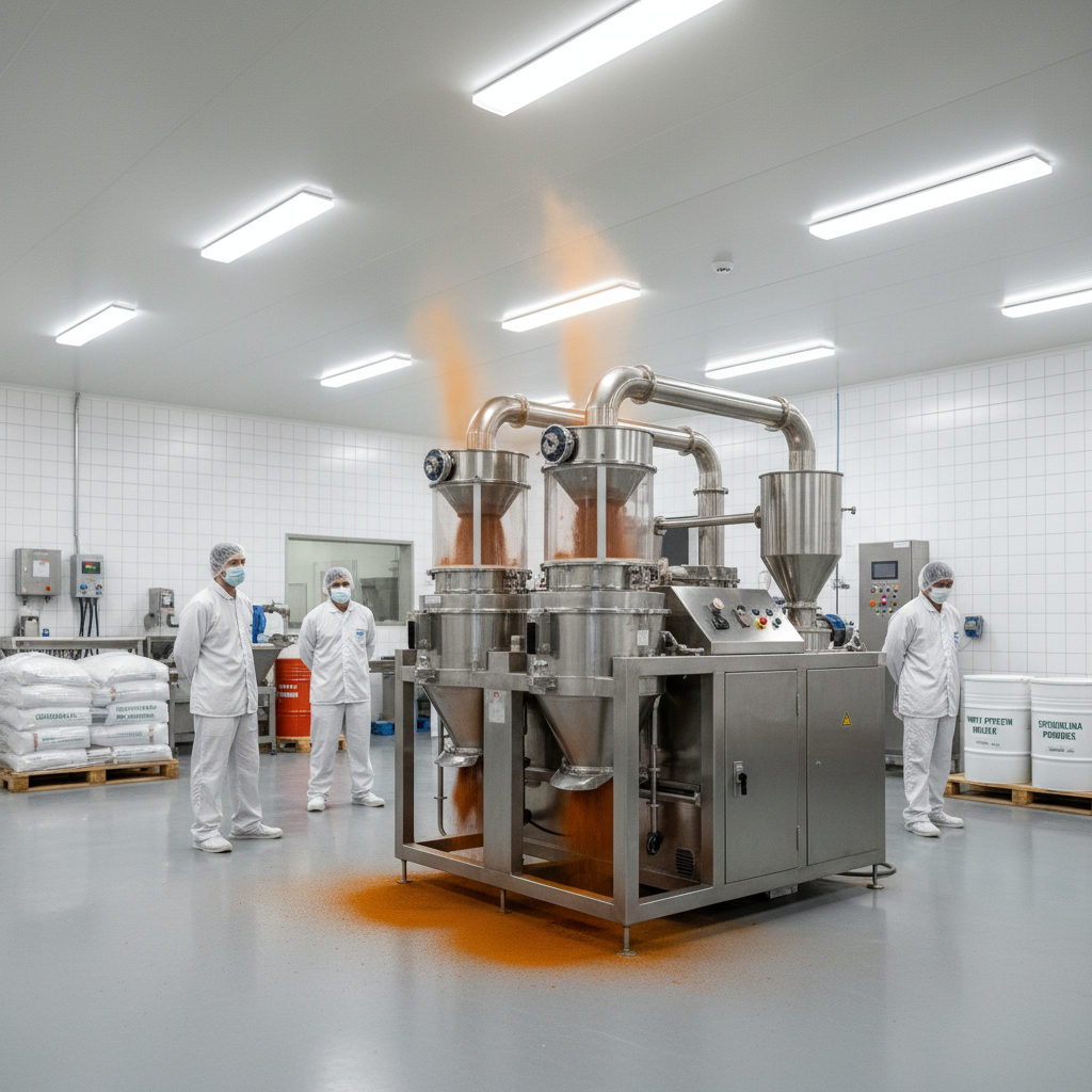 Modern food processing facility interior with stainless steel milling equipment, clean white walls, bright lighting