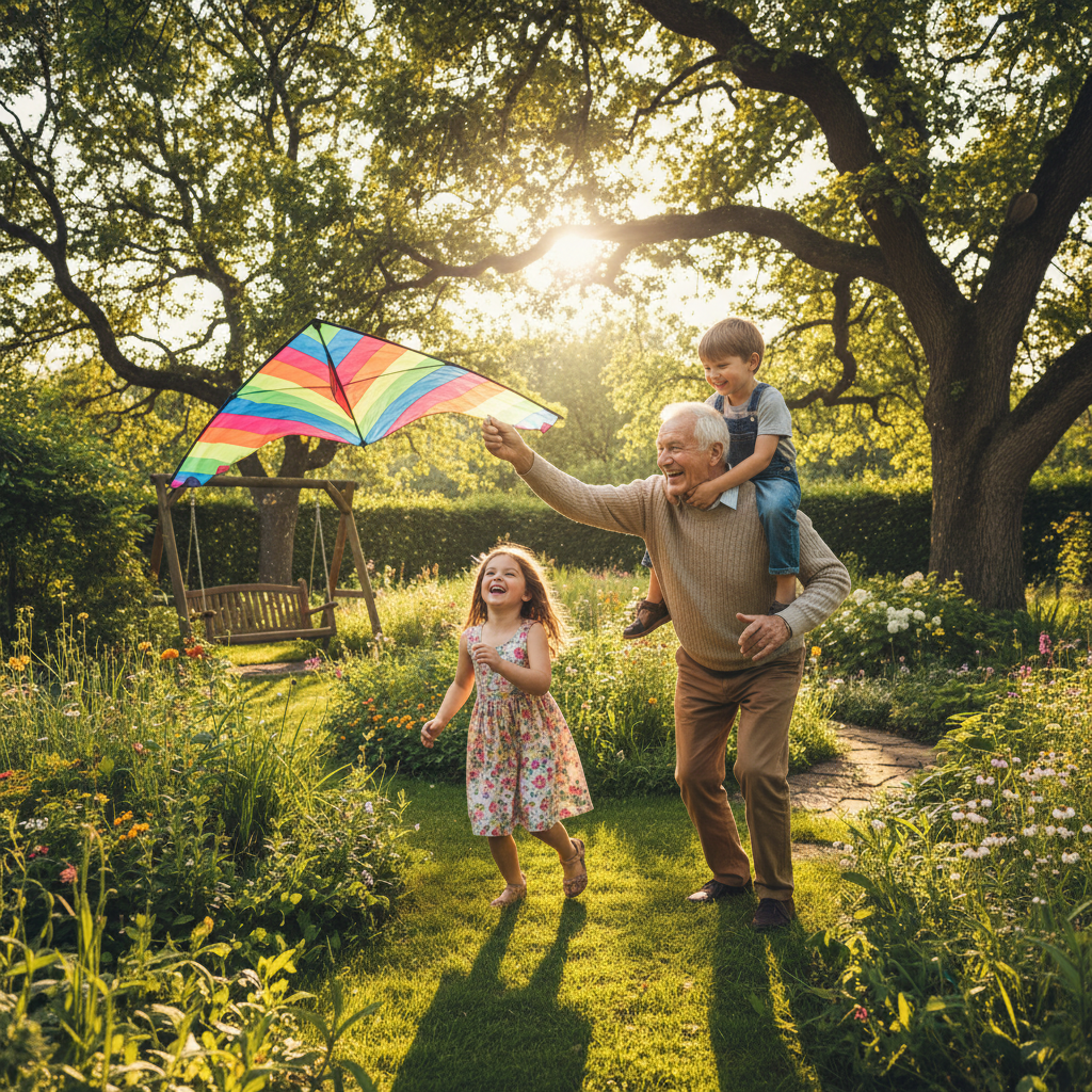José Carlos com os netos no jardim de casa