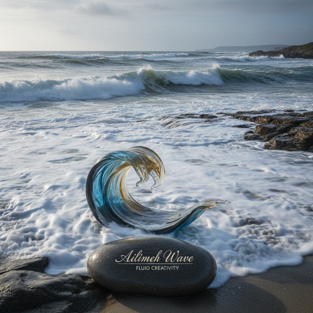 Sculpture en verre soufflé représentant une vague déferlante translucide