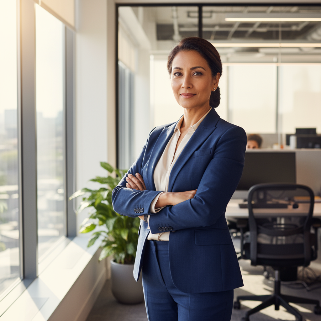 South Asian professional woman in business casual, bright modern office setting