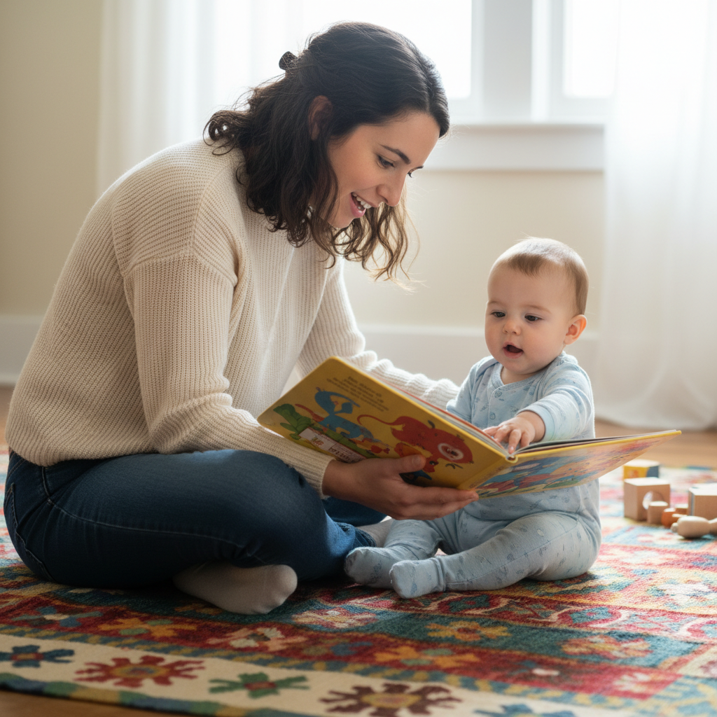 A smiling mother and toddler reading together on a cozy rug in a sunlit room