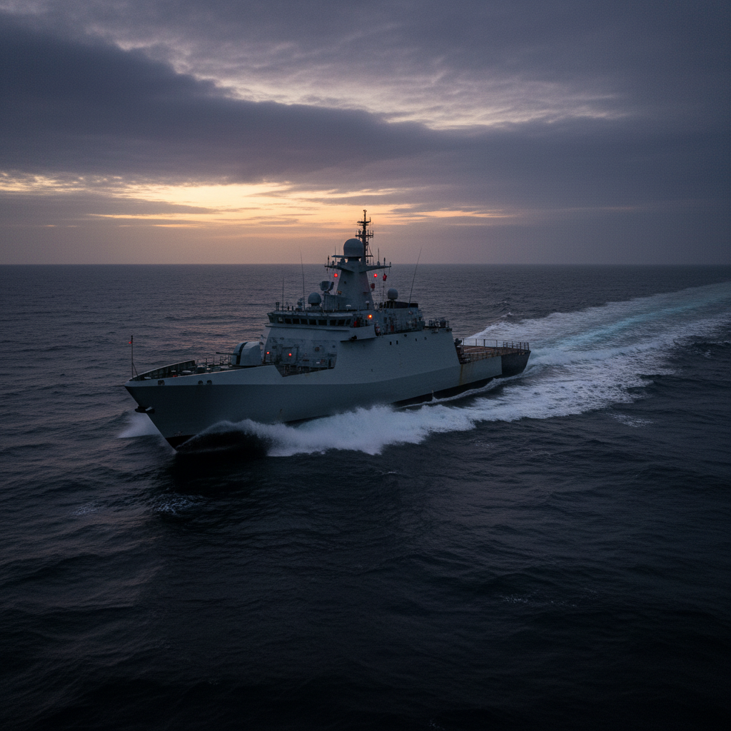 Naval patrol vessel at sea at dusk, dark ocean, low-key moody lighting, deep shadows on hull