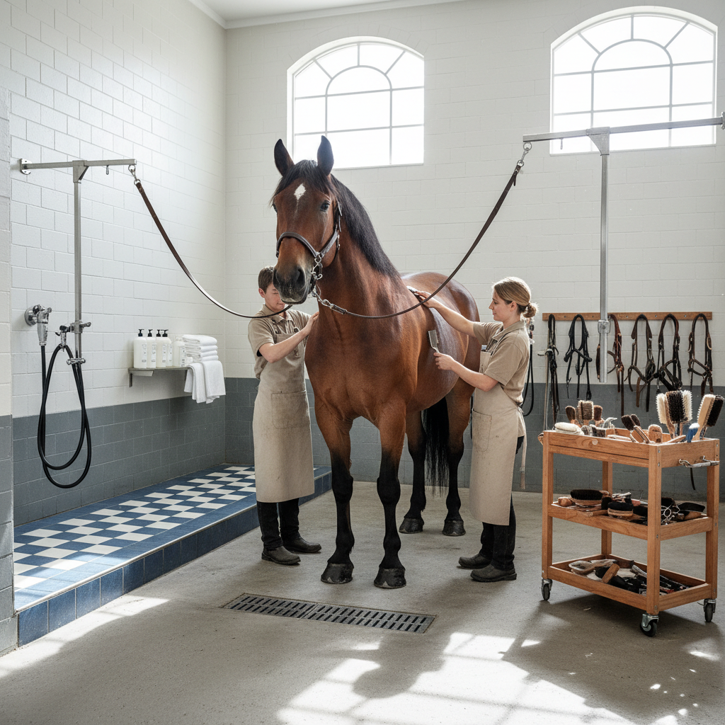 Clean grooming station with professional bathing tub and grooming tools for puppy care