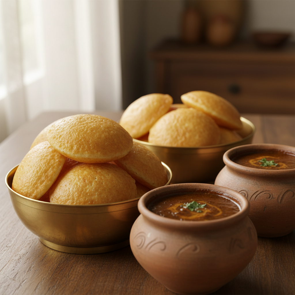 Stack of golden hoppers in brass bowls with small clay pots of kari sauce alongside