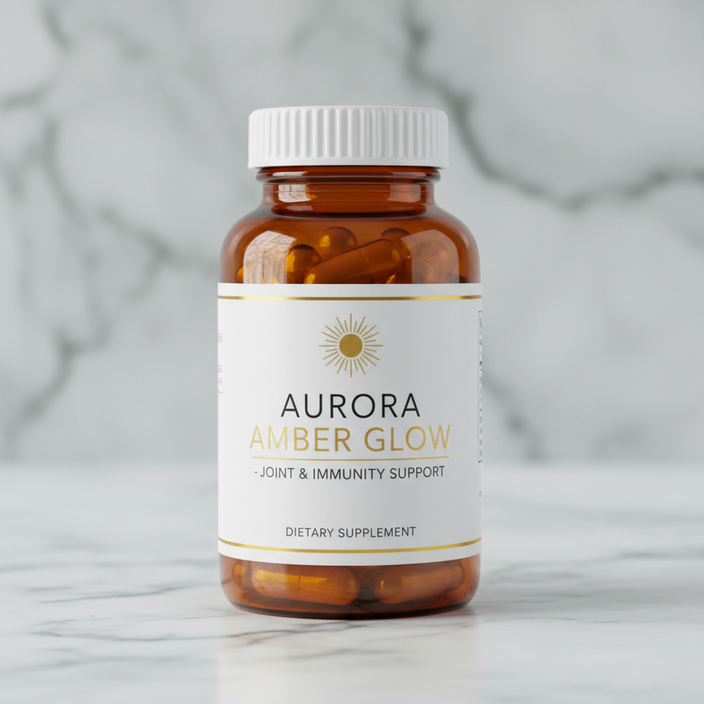 Orange amber supplement bottle with white cap on marble surface