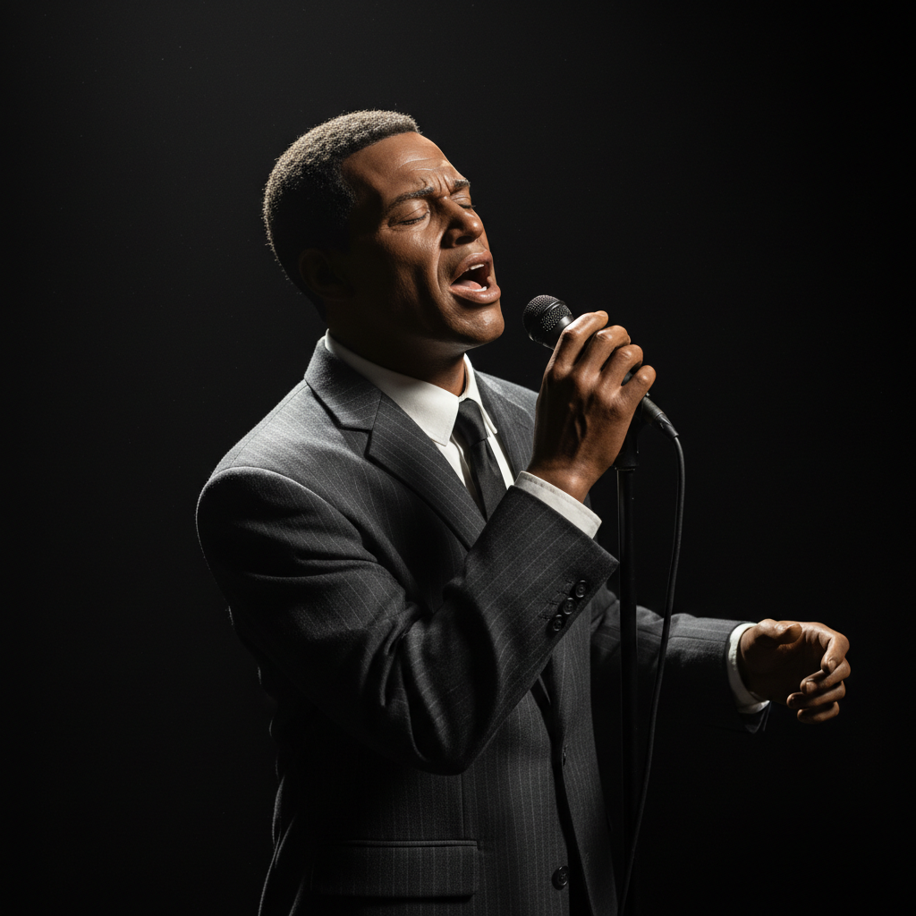 Dramatically lit wax figure of a jazz musician mid-performance against dark background