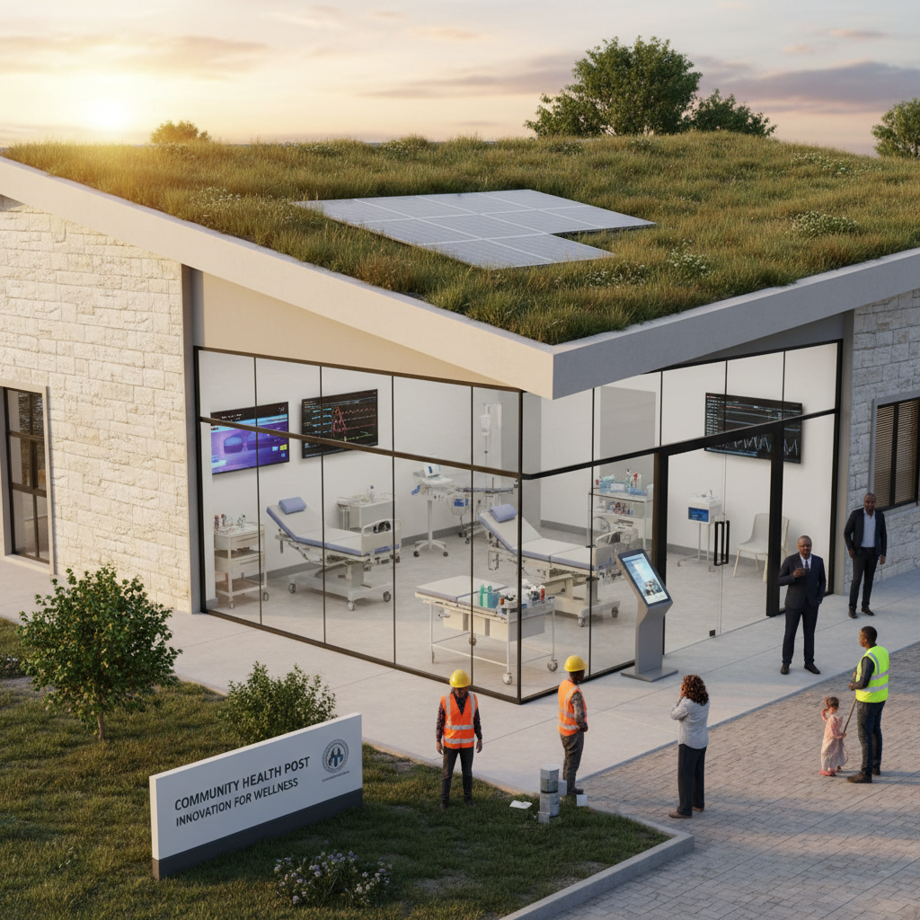Healthcare worker in white coat examining medical equipment in modern African clinic with solar panels visible through window