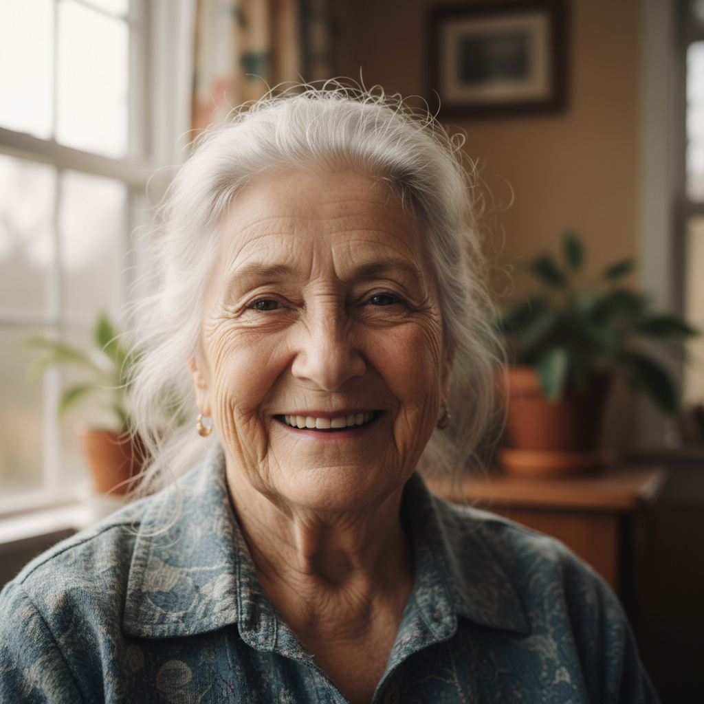 Older woman with warm smile and silver hair