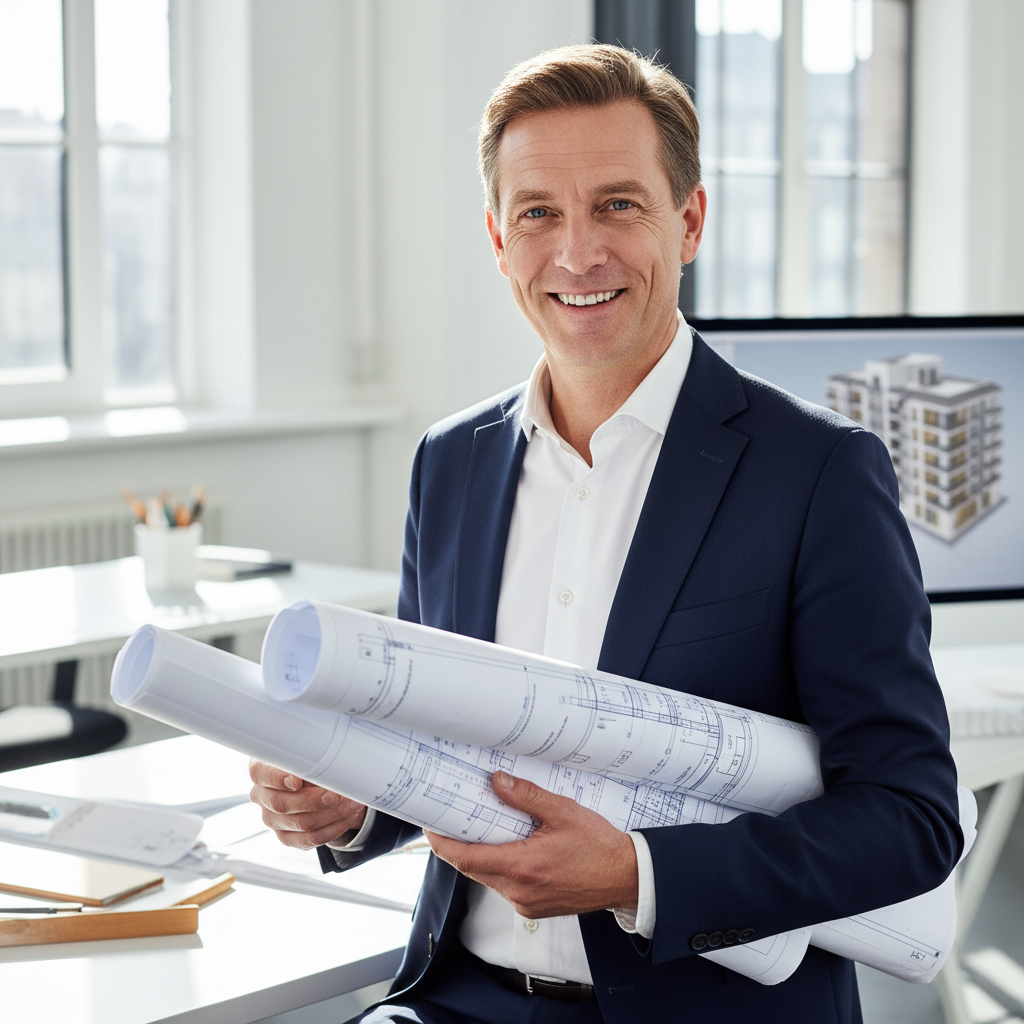 Professional headshot of a male architect in a modern office, thoughtful expression, warm lighting, design drawings on wall behind