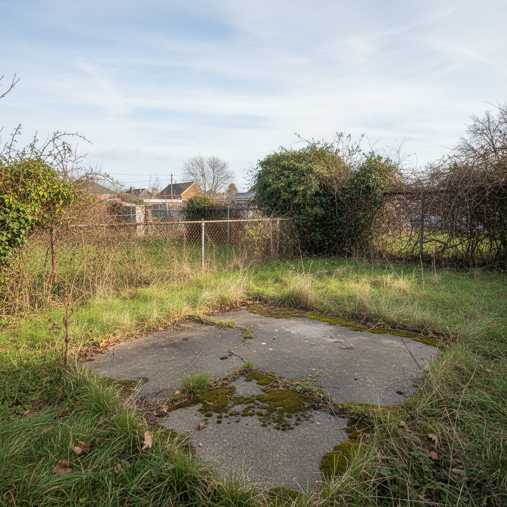 Overgrown residential backyard before ADU construction, unused concrete slab and chain-link fence