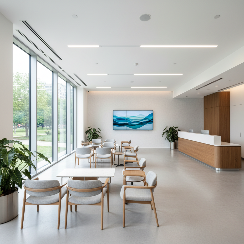 Clean bright modern medical clinic waiting room with natural light