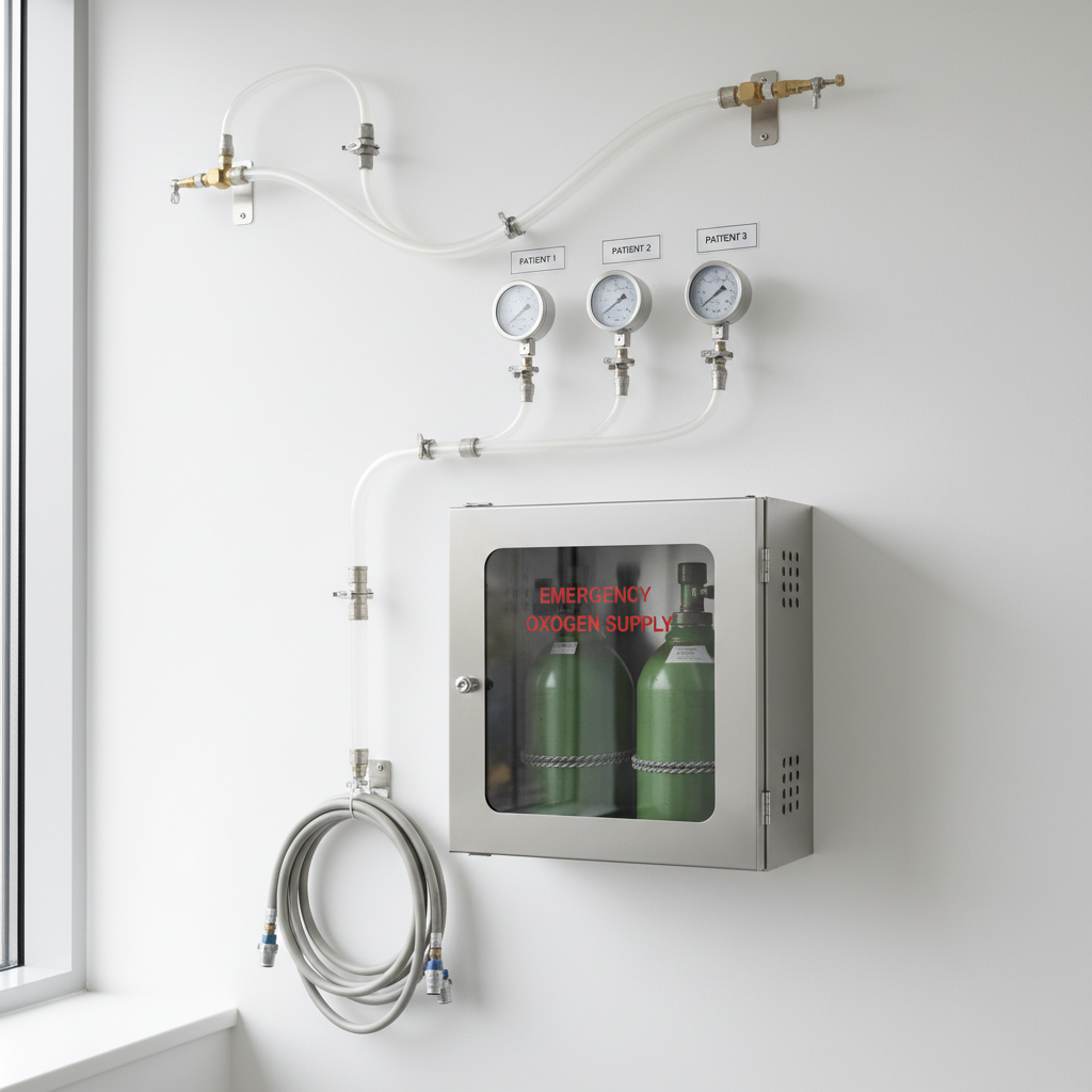 Oxygen station with clear tubing, flow meters, and emergency supply cabinet mounted on white wall