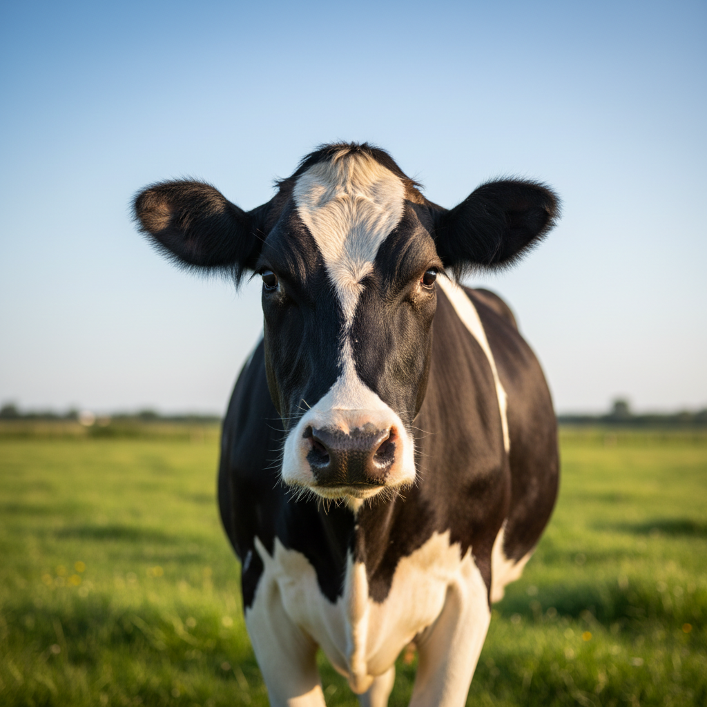 Bette, a black and white Friesian dairy cow, standing in a sunny paddock looking directly at the camera with gentle brown eyes