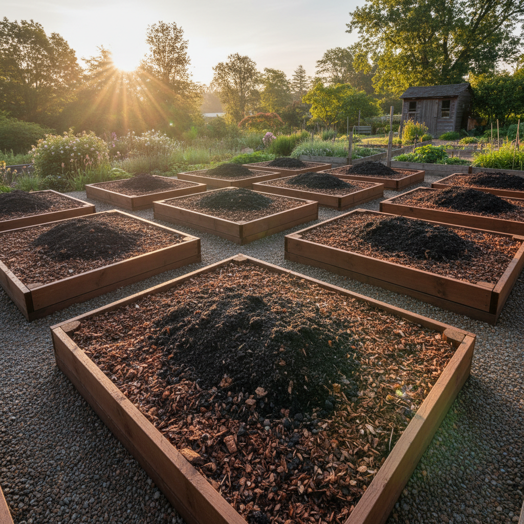 Raised garden beds with layered mulch and compost preparation, morning light