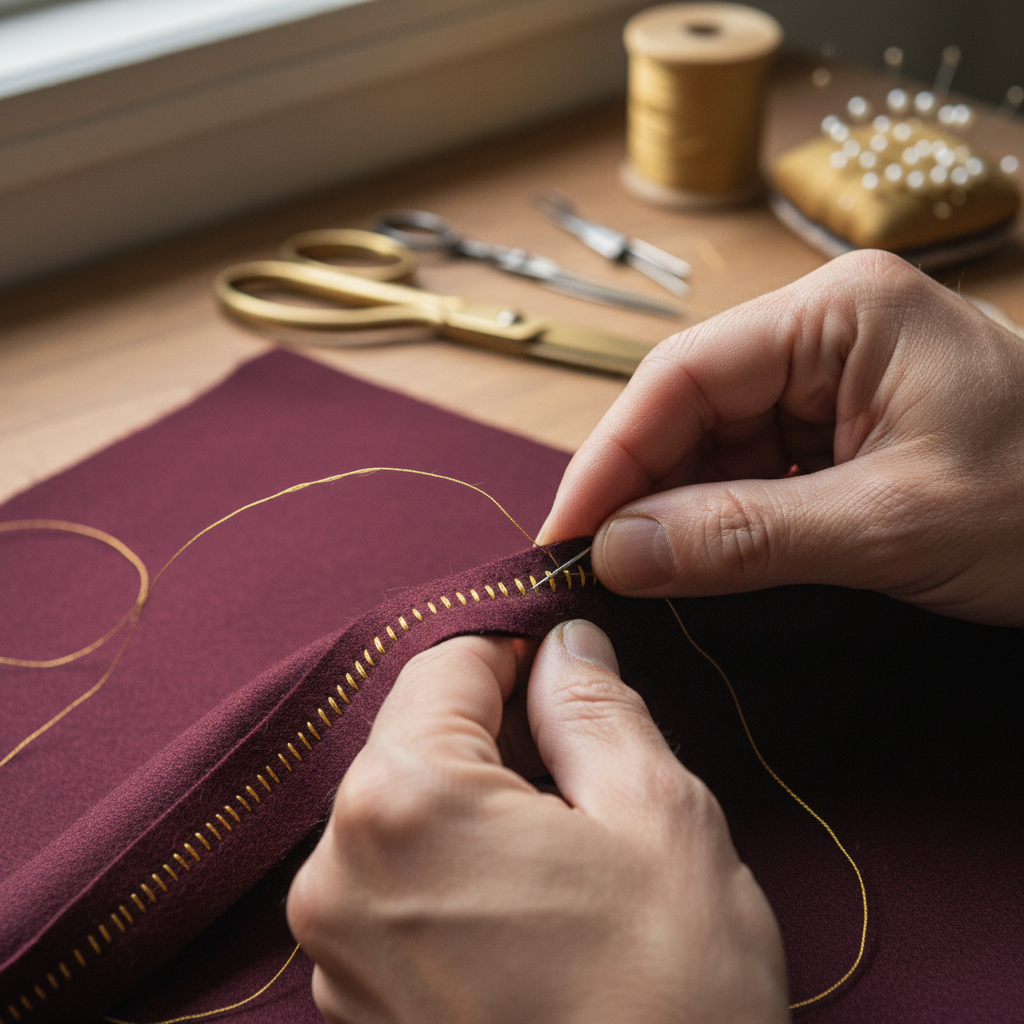 Master embroiderer Amina Yusuf carefully creating intricate golden threadwork on cream fabric with focused concentration