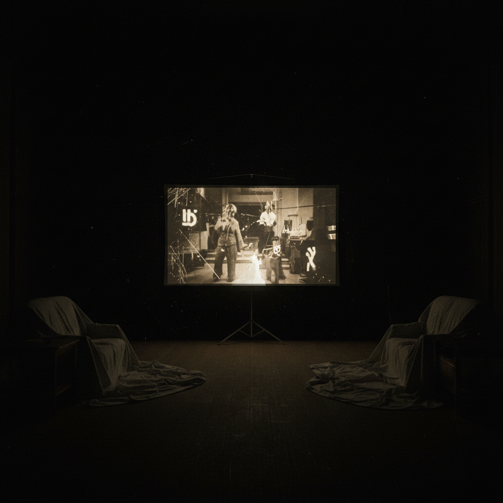 Old projector projecting light on a white screen in a dark room