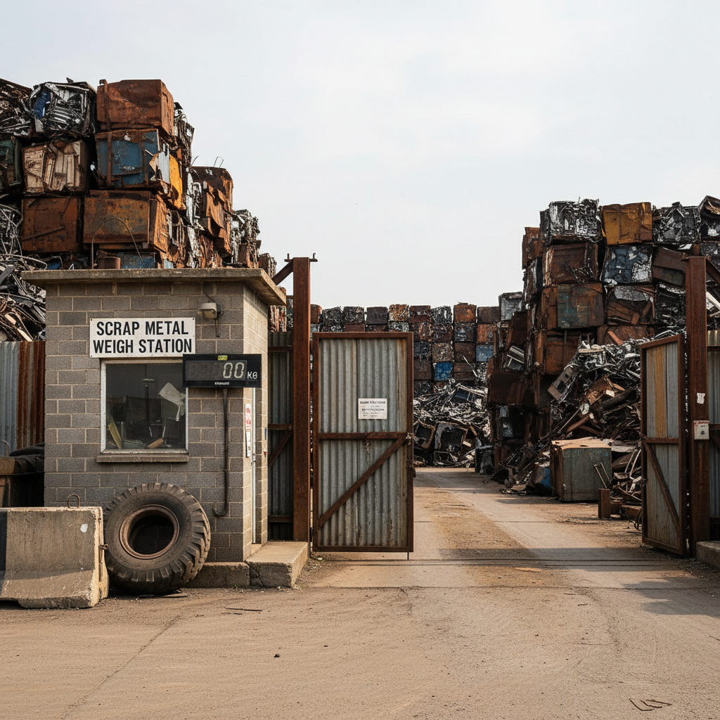 ScrapYard entrance gate with scale house and stacked crushed steel cubes in background under flat afternoon light