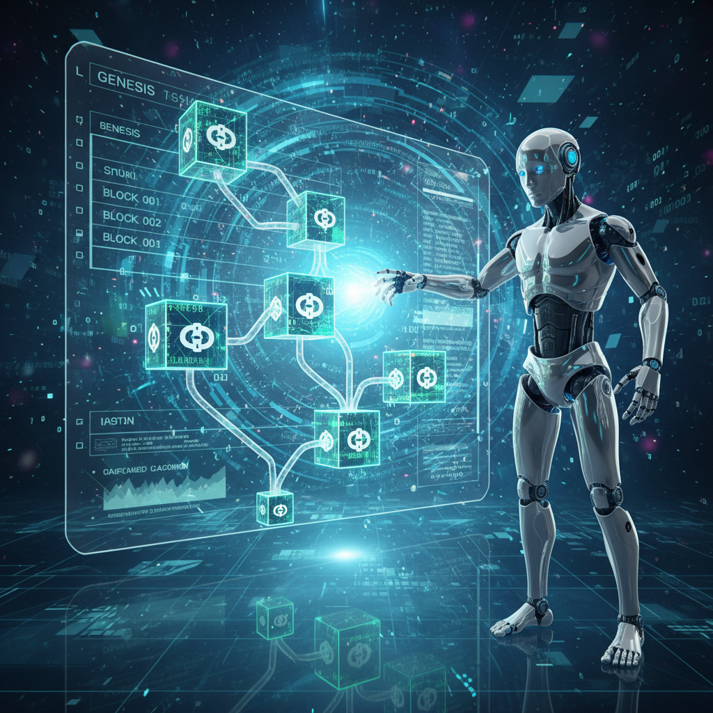 Futuristic AI robot interacting with blockchain network nodes in a digital environment