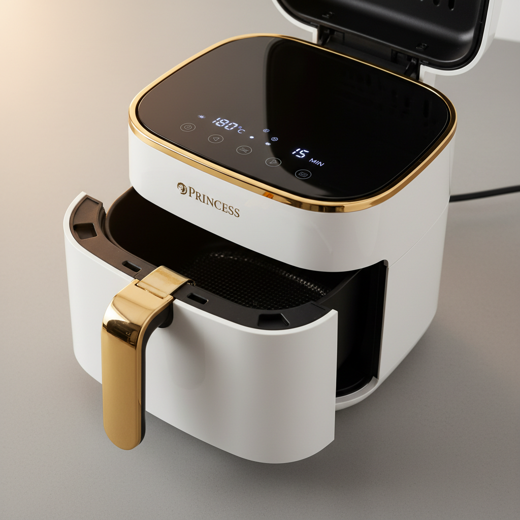 Princess Aerofryer XL in wit design met gouden accenten, bovenaanzicht gedeeltelijk open
