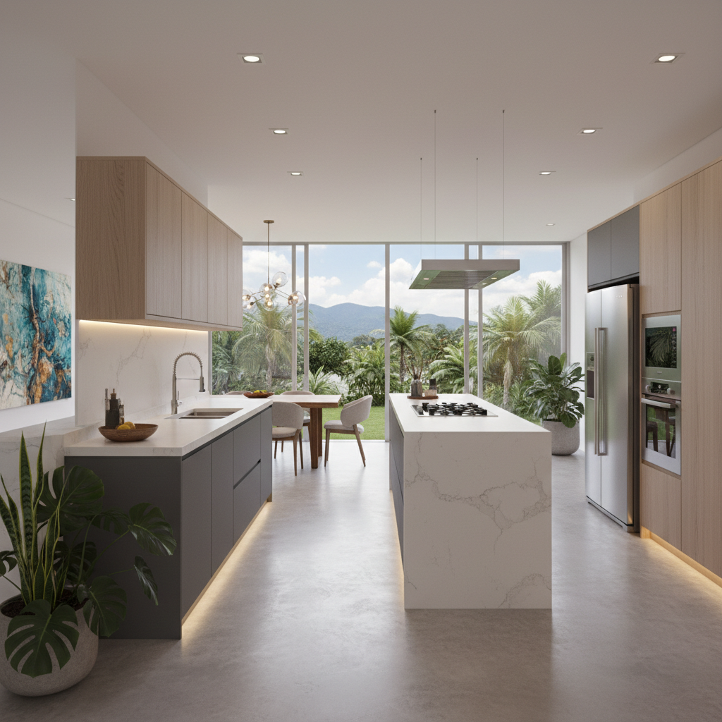 Contemporary L-shaped modular kitchen with dark grey lower cabinets, white upper cabinets, and quartz countertop