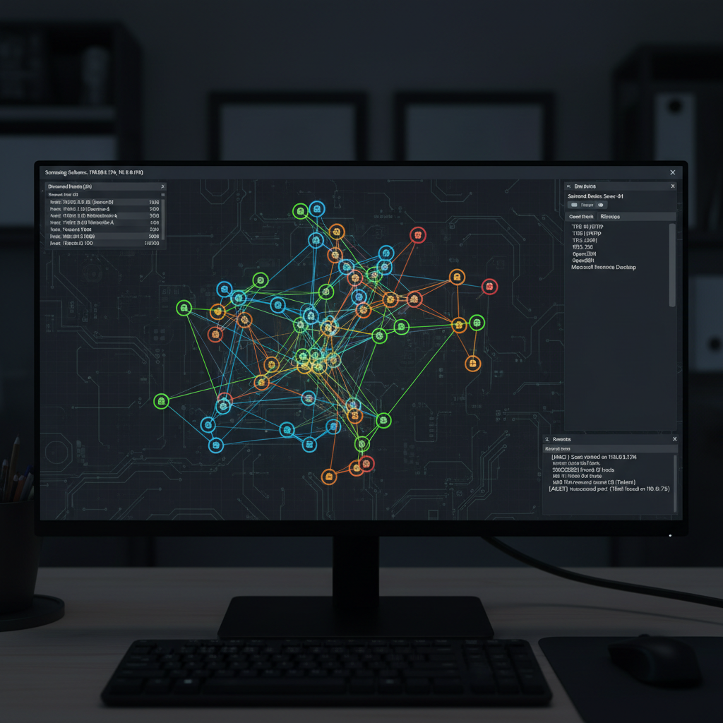 Screenshot of NetMapper project showing cybersecurity dashboard with dark interface