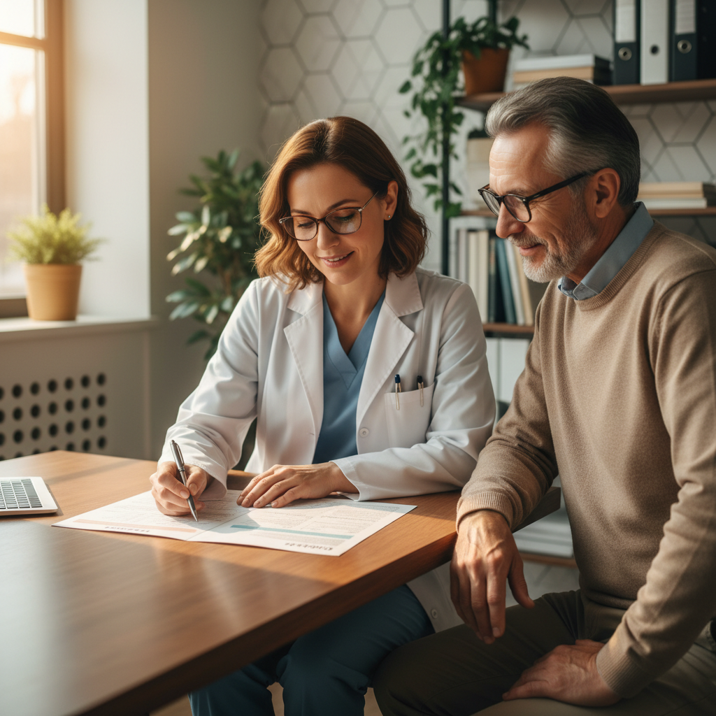 Bright wellness consultation room with doctor and patient reviewing health plan documents in natural light