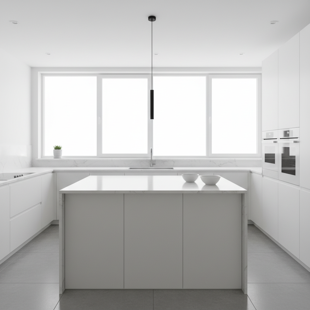 Sleek white kitchen with handleless cabinets, integrated appliances, cool lighting, clean minimalist surfaces